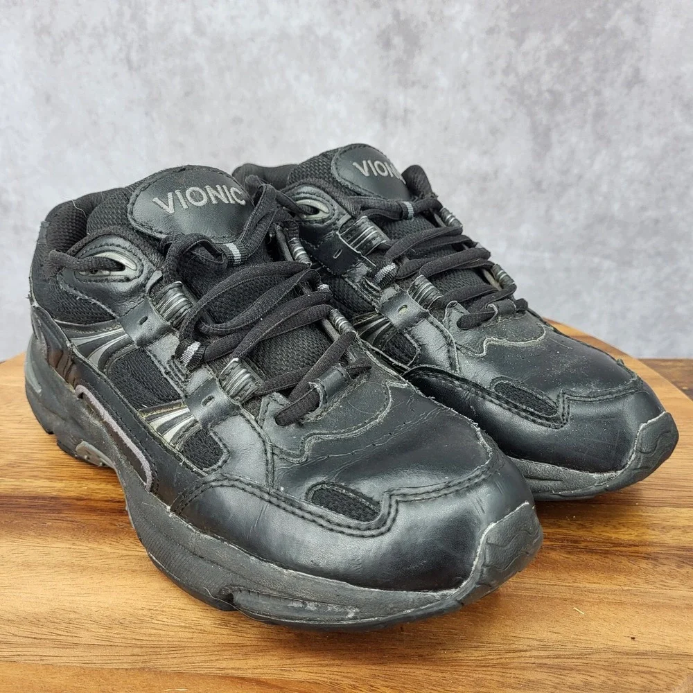 Vionic Walker Sneakers Women 8 Black Leather Running Walking Comfort Ortho Shoes
